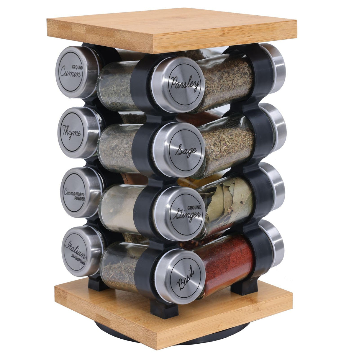Orii 16 Jar Rotating Bamboo Spice Rack with Spices Included & 5-Year Spice Refill Program – Compact Countertop Spice Rack with Glass Jars