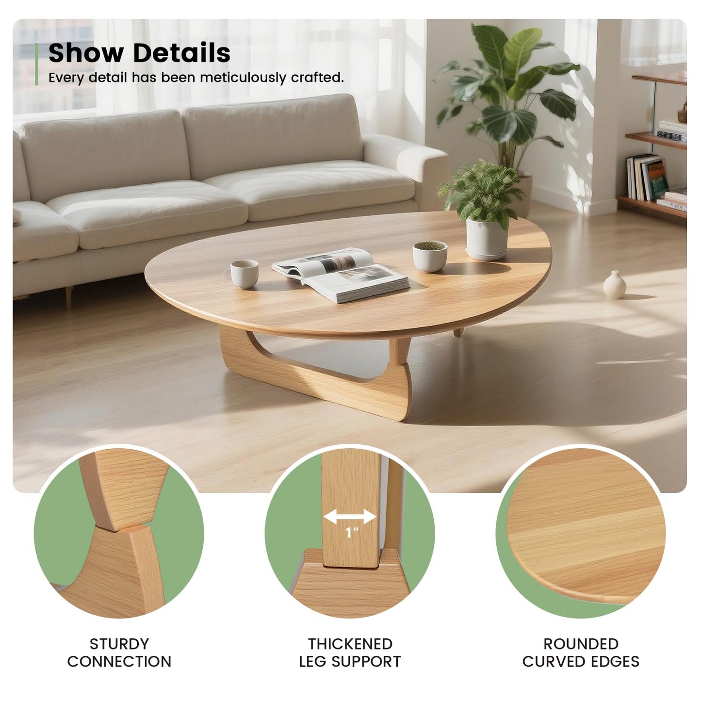 Modern Triangle Coffee Table: Unique Funky Soild Wood Coffee Tables for Living Room, Wooden Oval Mid-Century Modern Abstract Tea Tables for Patio Office Balcony Natural 43" L x 31" W x 16" H
