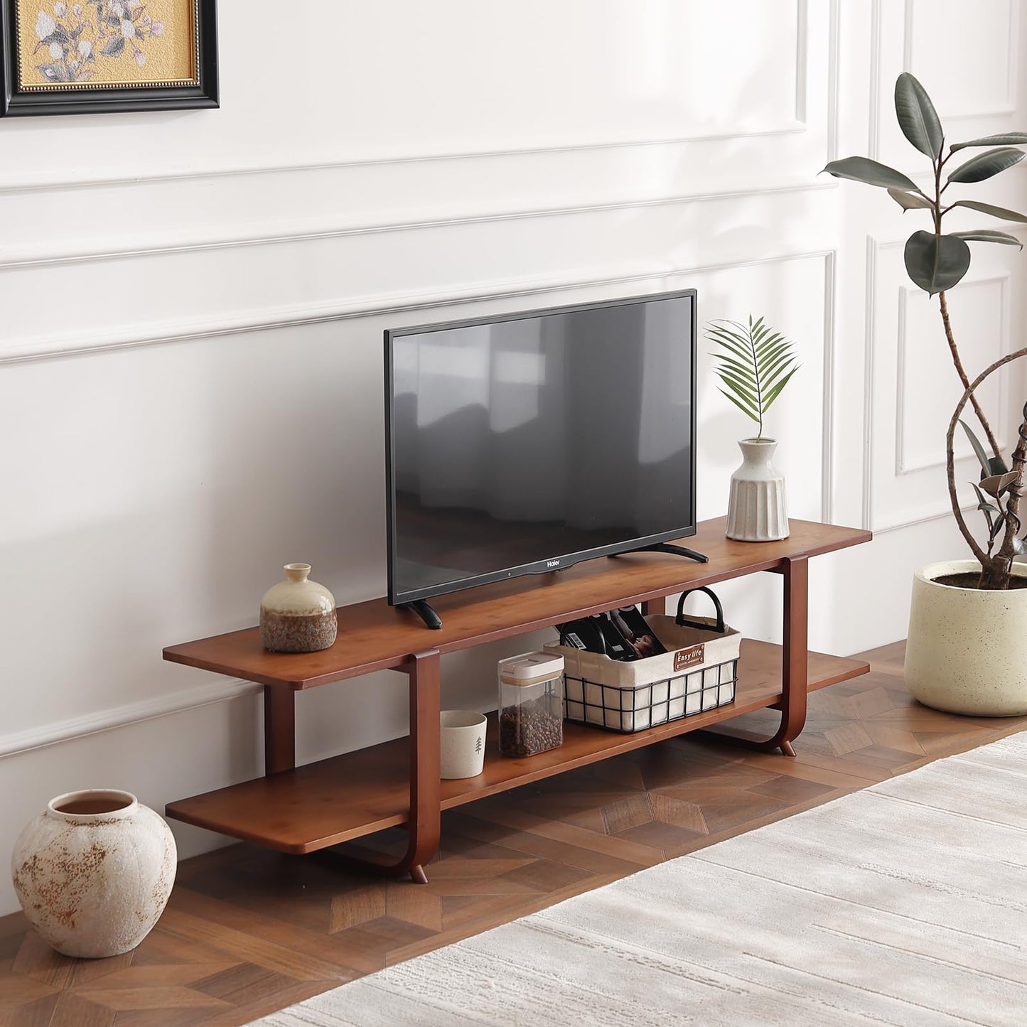 Welnow Low Bamboo TV Stand for Up to 65 Inch, Small Mid Century Modern Entertainment Center with 2-Tier Open Shelves, Walnut Media Console Table for Living Room, Bedroom