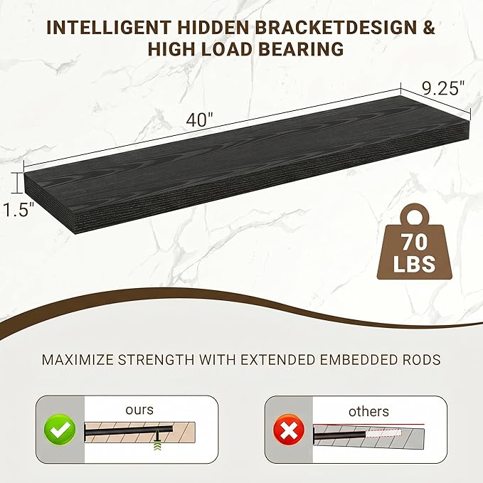 Acovy 40 Inch Floating Shelves, 3D Textured Wood Grain, Wooden Shelves