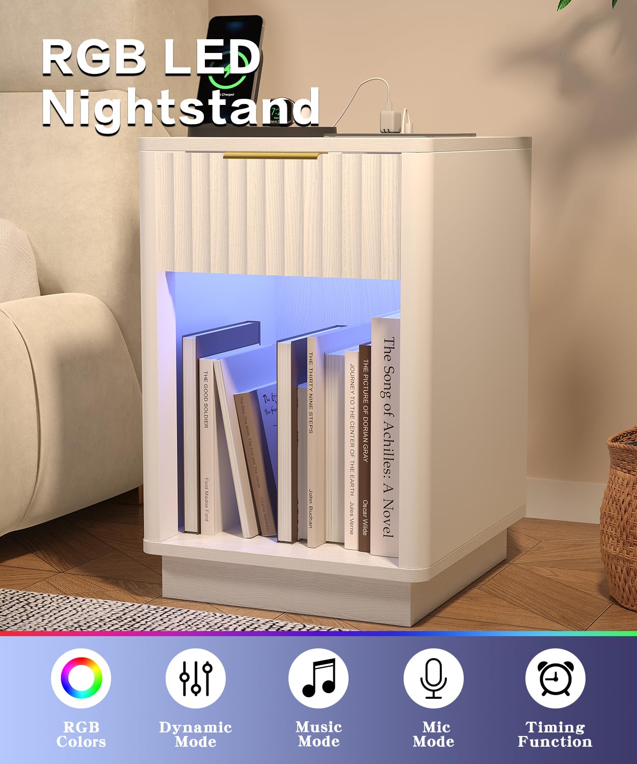Akxomel Fluted Nightstand, Wooden Night Stand with Charging Station and LED Light, Modern Mid Century End Table with Drawer, 15" D x 15.7" W x 22.6" H, for Bedroom, White