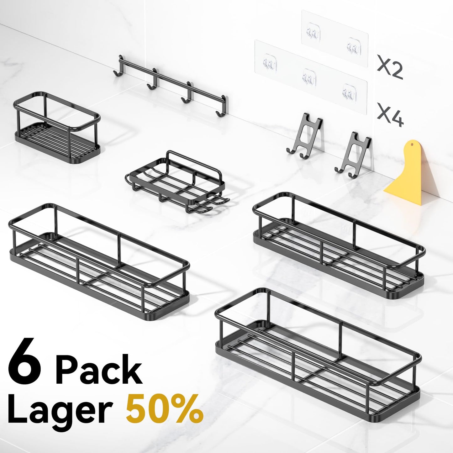 YASONIC Shower Caddy Adhesive, Rustproof Shower Organizer with Soap Holder, Large Capacity Shower Shelves for Inside Shower, No Drilling Bathroom Organizers and Storage for Home Decor 6 Pack Black