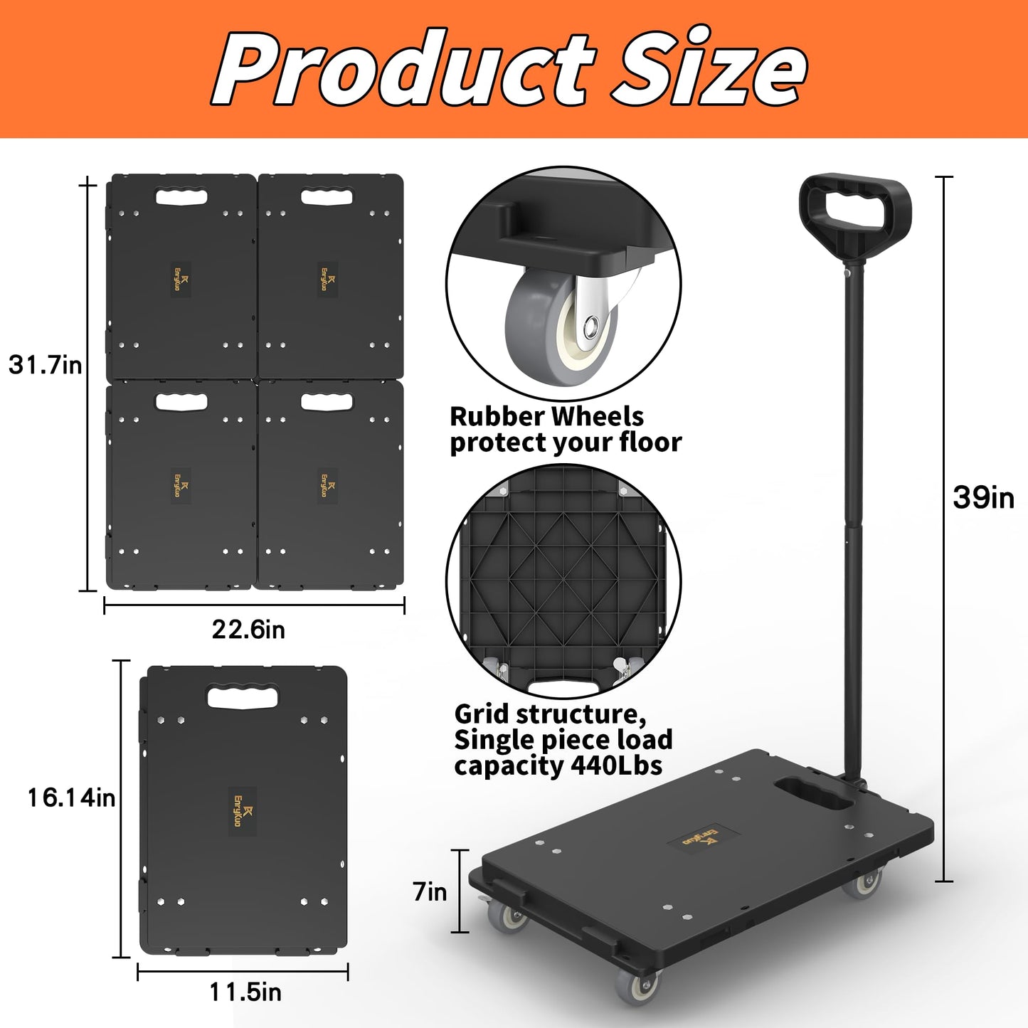 EnryKuo Large Connectable Heavy Furniture Movers with 4 Wheels and Removable Pull Handle, 1760 Lbs Max Capacity, 360° Swivel Casters for Furniture, Appliances, Warehouse, Garage & More, 4-Pack, Black