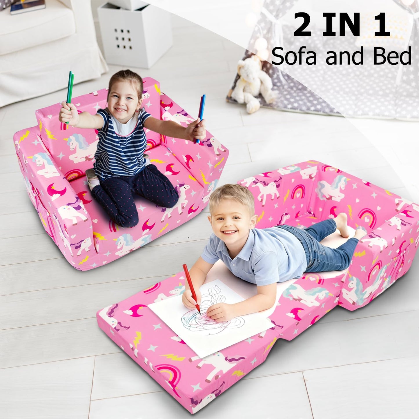 Beavtaens Kids Couch, 2-in-1 Kids Fold Out Couch, Convertible Sofa to Lounger for Girls and Boys, Soft Toddler Chairs Comfy 1-3 Years Old - Light Pink