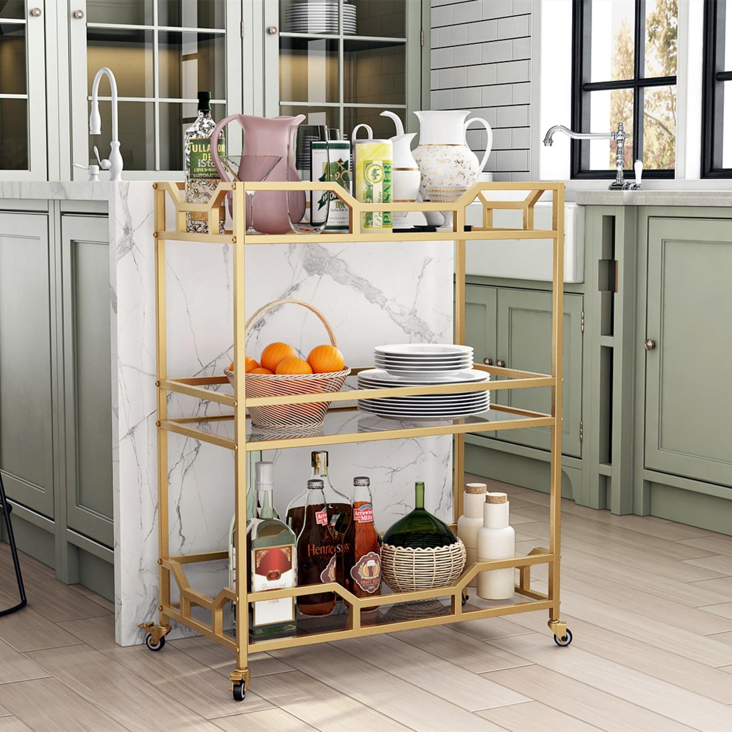 LORMITER Square Gold Bar Carts with 3 Tier Storage Glass Shelves Holder Home Serving Bar Carts on Wheels for Kitchen, Bar, Dinning Room
