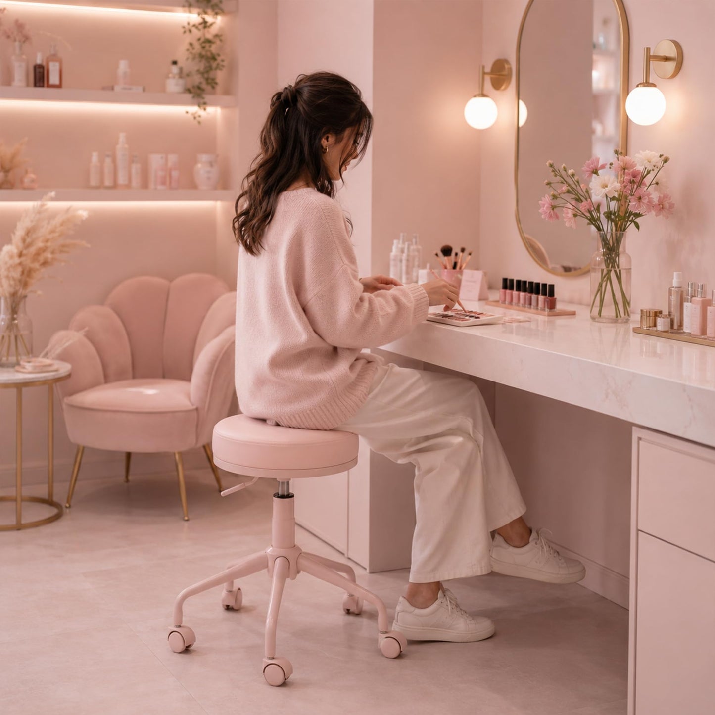 DR.LOMILOMI Adjustable Height Hydraulic Rolling Swivel Stool Chair with Metal Base and Faux Leather Cushion for Salon, Medical, Office and Home, 503 Kai Series - Round Seat, Pink