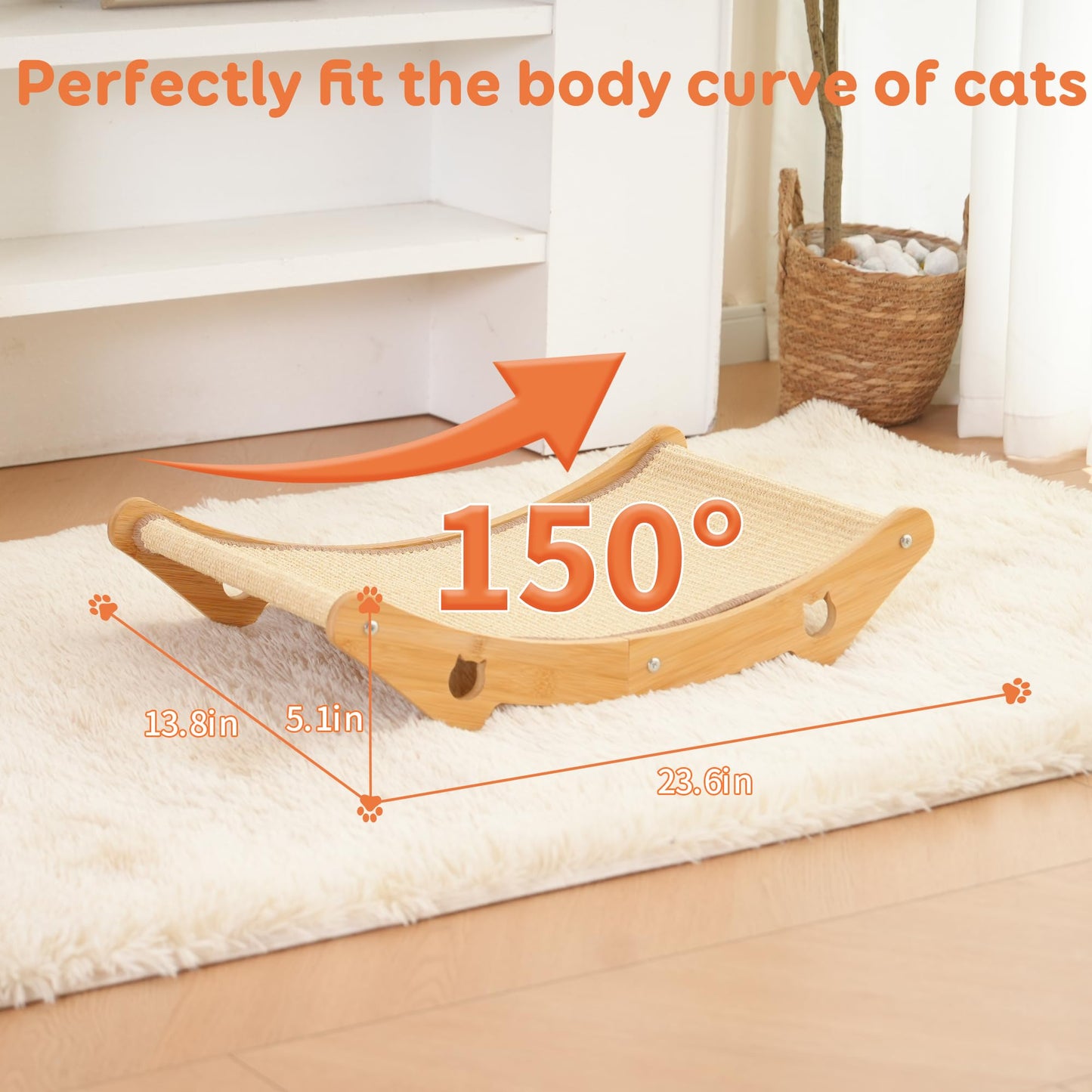 Cat Scratcher Hammock Bed, U-Shaped Wood Sisal Lounger, Furniture Protector