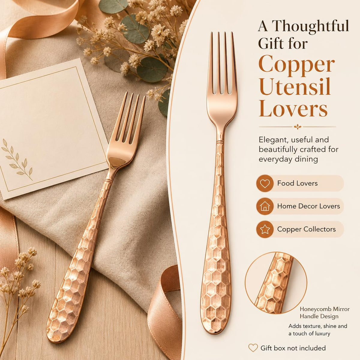 Solid Copper Honeycomb Fork, 7.28 Inch Vintage Dessert Flatware, 1 Piece