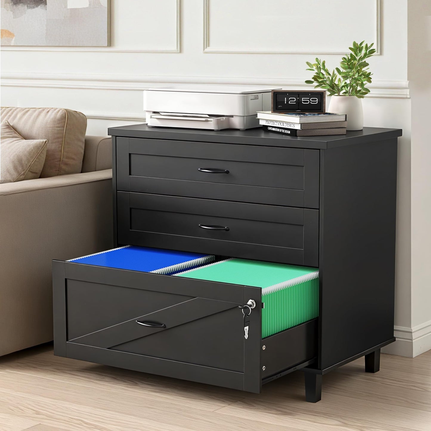 Quikraen Large Wooden File Cabinet Black 32in Lateral Filing Cabinets 3 Drawer with Hanging File Folders for A4 Letter Legal Wood Office Storage Organizer Furniture Printer Stand