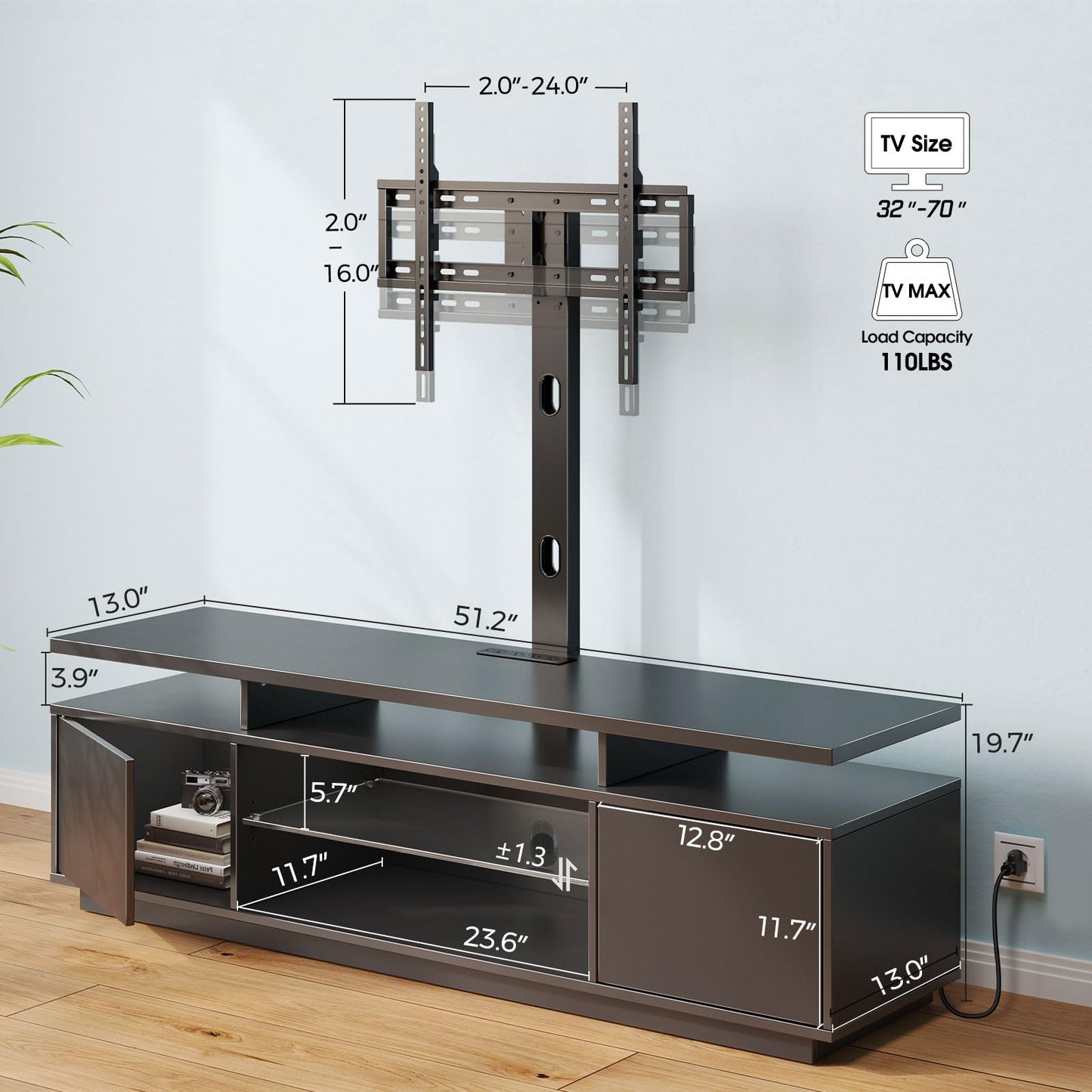 Rolanstar TV Stand with Mount and Power Outlet 51.2", Swivel TV Stand Mount for 32/45/55/60/65/70 inch TVs, Height Adjustable Modern Entertainment Center with Storage & LED Lights, TV Table Black