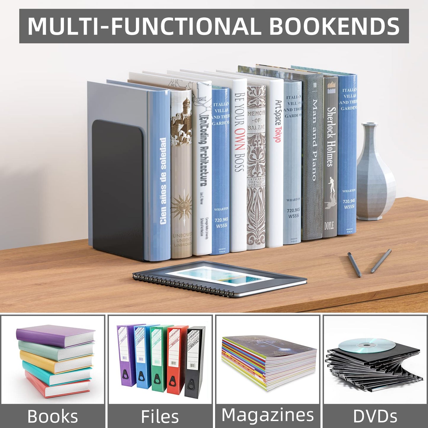 VFINE Bookends 4 Pairs, Black Metal Book Ends, Bookends for Shelves, Book Stopper for Heavy Books, Book Dividers for Home Office School Supplies
