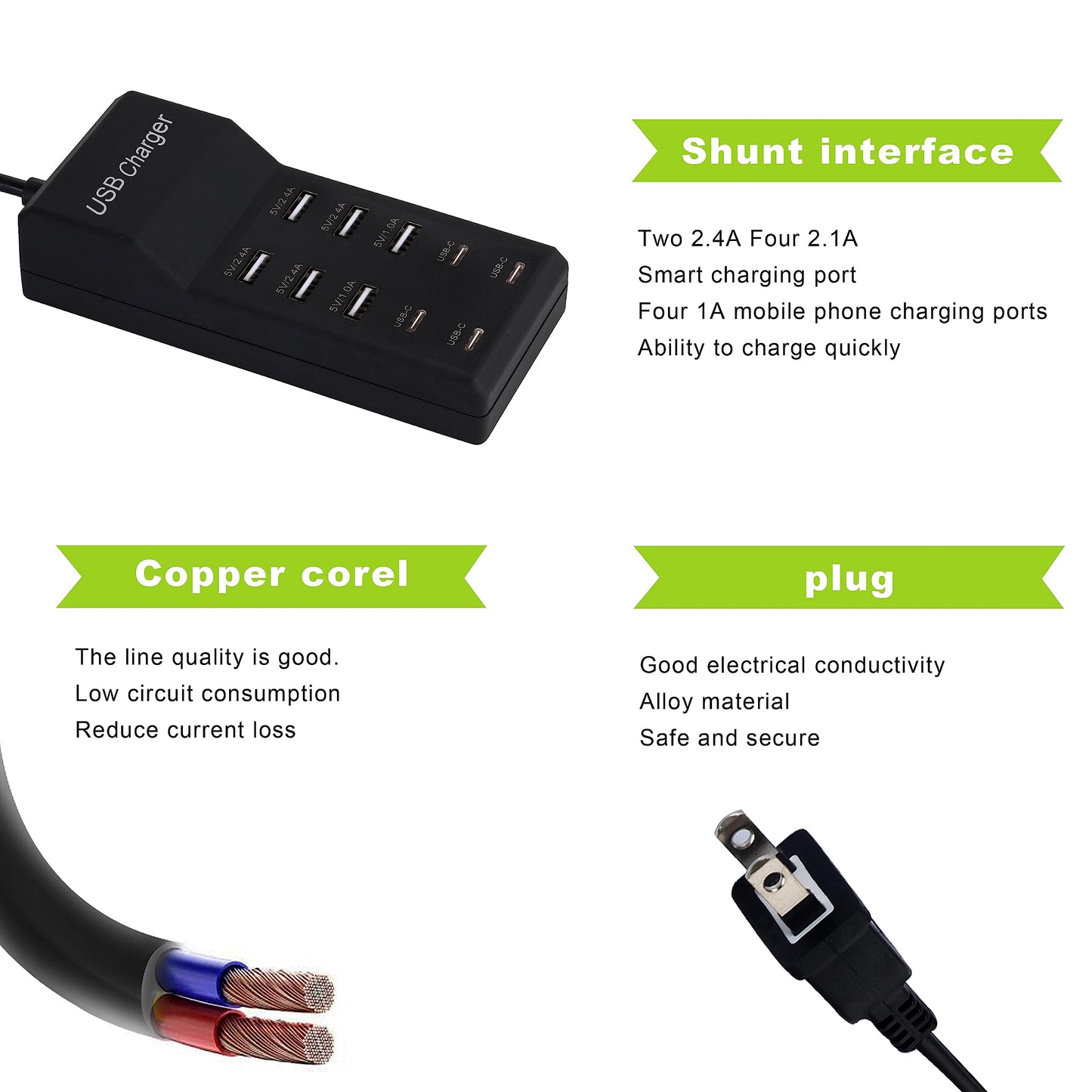 Wyssay USB Charger,50W USB Charging Station with 10-Port (6 USB-A Port & 4 USB-C Port) Compatible with iPhone 15/14/13/12/11/X/8/7/6 Phones, Watch,Tablets, Smartphones Black