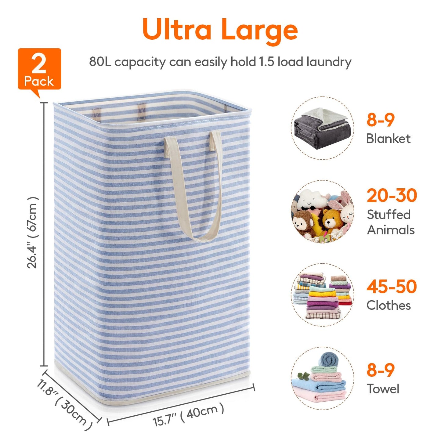 Lifewit 2 Pack Laundry Basket 80L Each, Collapsible Clothes Hamper with Reinforced Handles, Freestanding Waterproof Design for Bedroom and Laundry Room, Grey&Blue 160L Total
