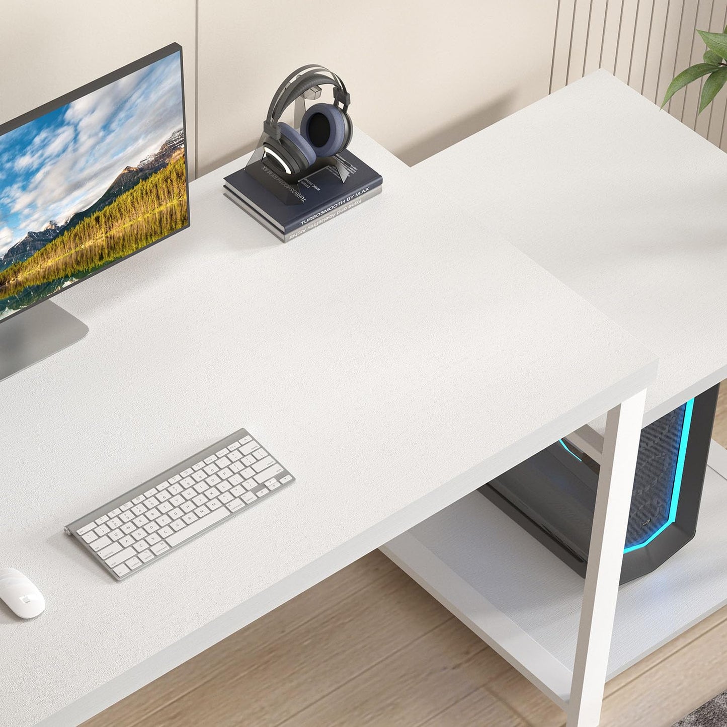 FOLUBAN Large White Computer Desk, Home Office Desk with Printer Space & PC Tower Stand, Modern Study Writing Table Workstation for Living Room Bedroom, 63 Inch
