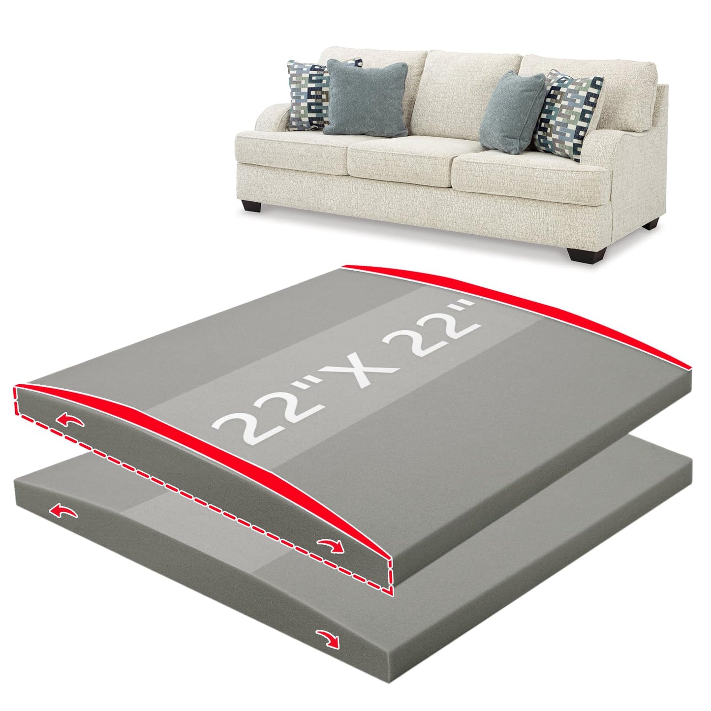 HAVARGO Couch Cushion Support High Density Foam 22X22X2.4 Inches Sofa Couch Supports for Sagging Cushions Light Grey 2Pcs with Anti Slip Mesh Fabric