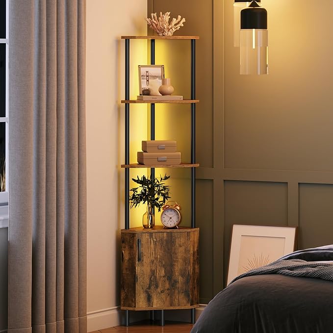 HOOBRO Corner Cabinet with LED Light, Corner Shelf Stand with Storage and Doors