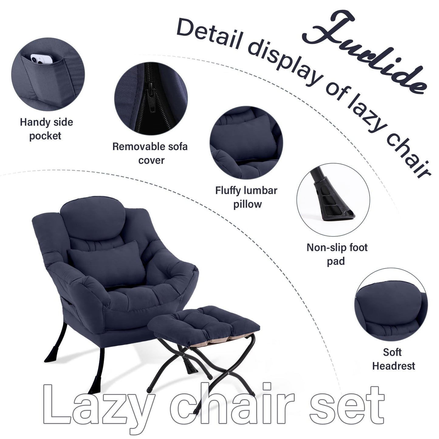 Furlide Lazy Chair with Ottoman, Modern Lounge Chair with Lumbar Pillow, Accent Cozy Reading Armchair and Folding Footstool for Bedroom, Dorm, Living Room,Navy