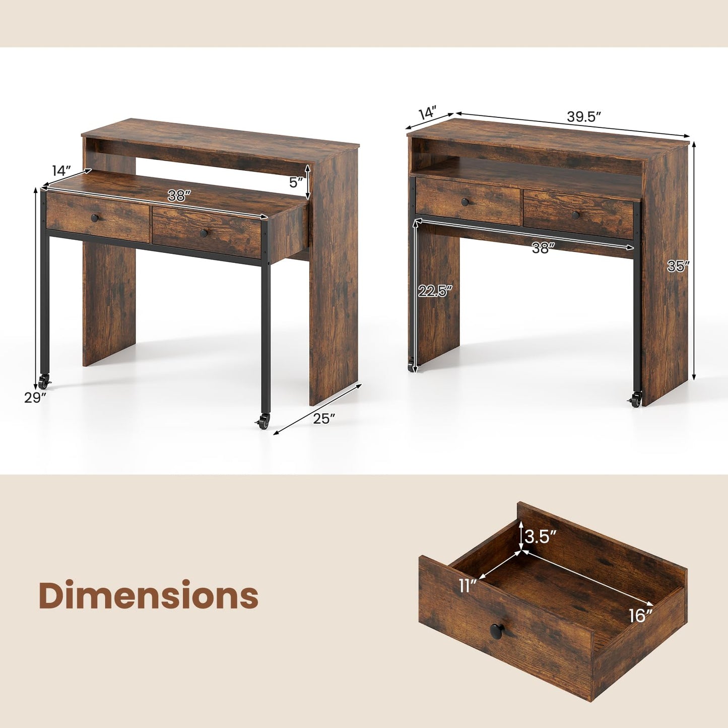 Giantex Small Computer Desk with Hutch & Drawers, Extendable Writing Desk w/Pull Out Secondary Table, Monitor Stand & Rolling Wheels, Console Table, Compact Desk for Small Spaces (Rustic Brown)
