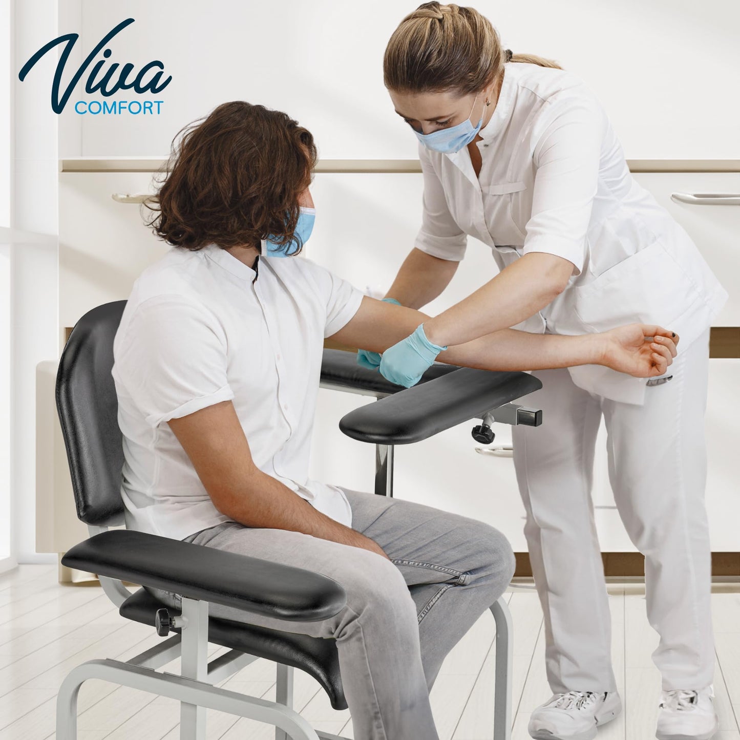 VivaComfort Black 400 lbs Weight Capacity Phlebotomy Chair with Adjustable Armrest, Blood Draw Chair, Comfortable Lab Medical Chair