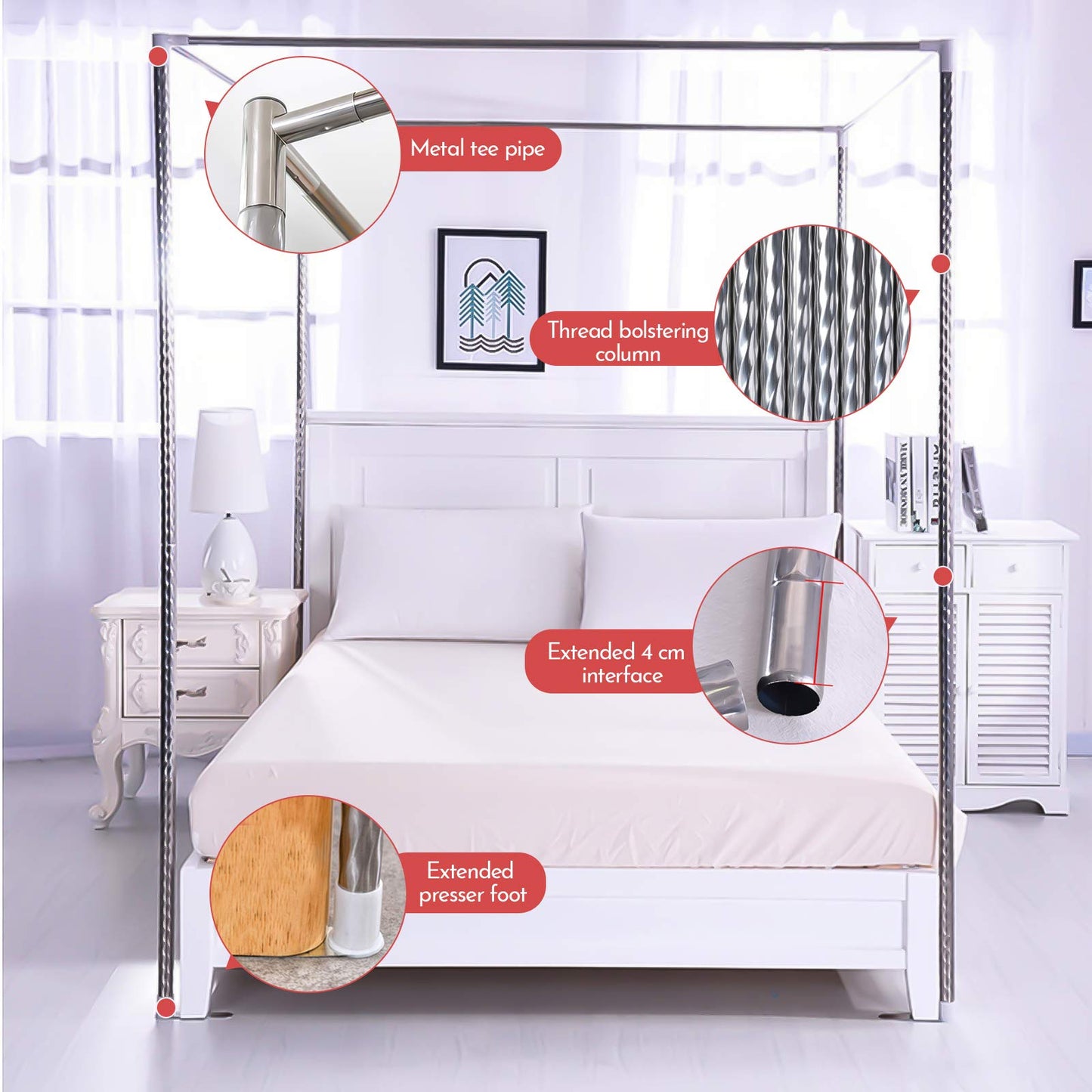 Foreate Canopy Bed Frame Stainless Steel Full Size Bed Canopy Frame & Bed Poles, Fit for Four-Corner Bed and Mosquito Curtains, Full (Silver)