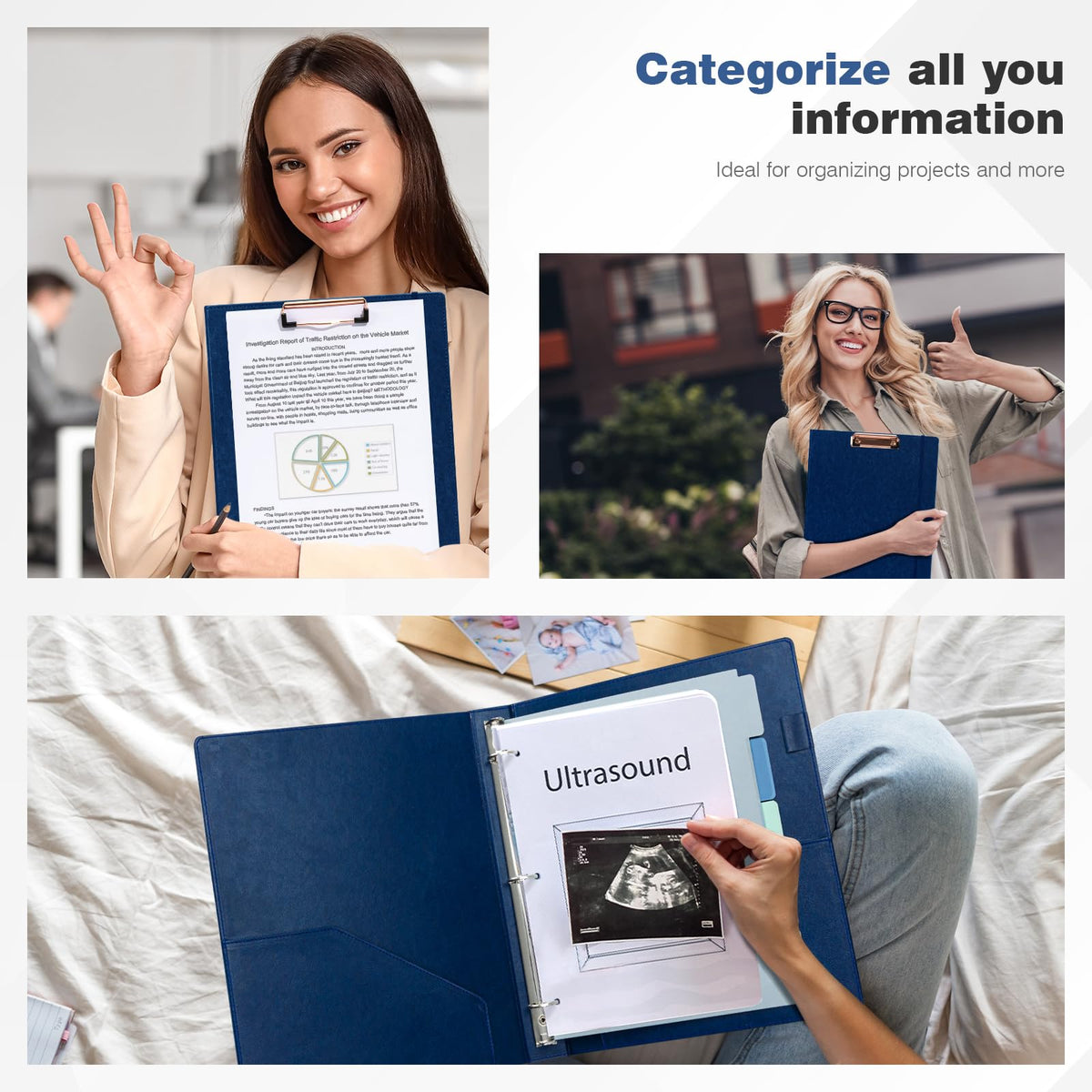 Ospelelf 3 Ring Binder With Clipboard 1 Inch Leather for Letter Size (8.5" x 11"), 5 Tab Dividers Office Supply, Dark Blue
