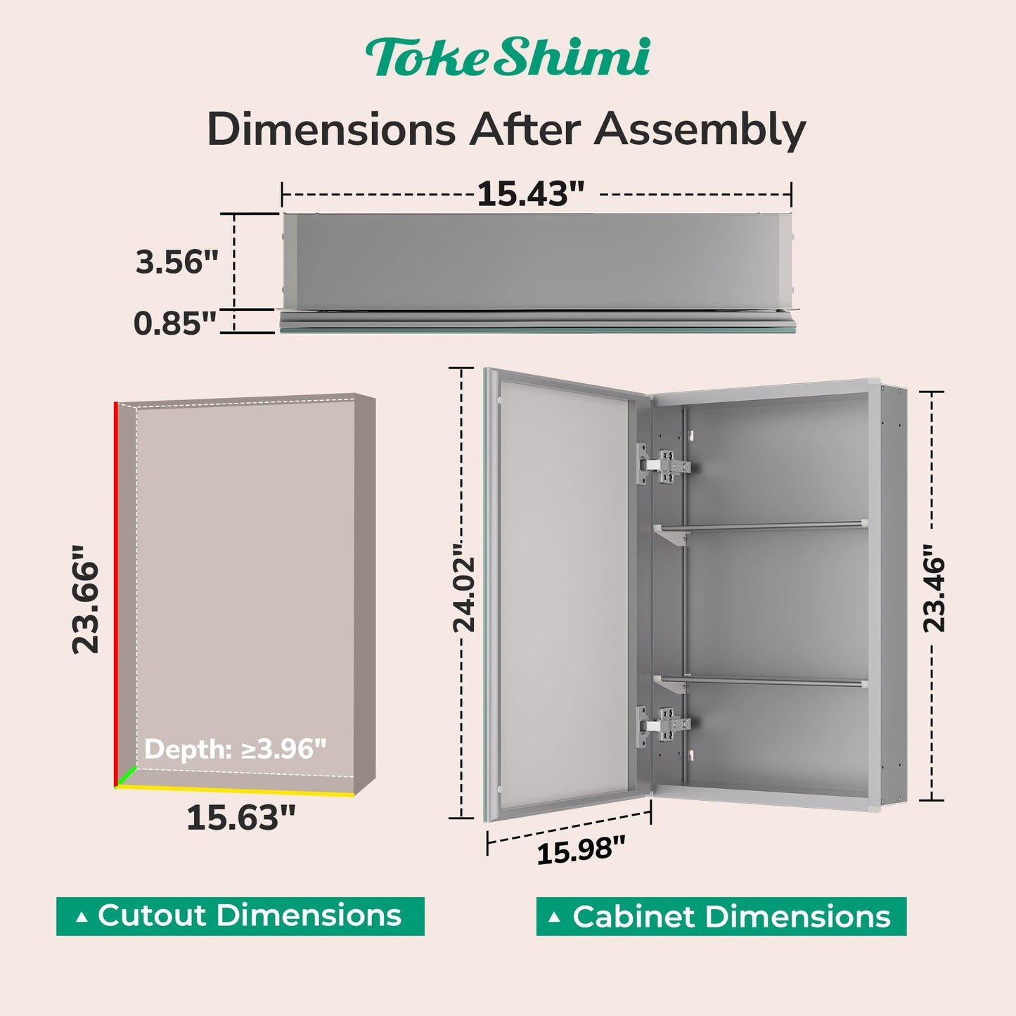 TokeShimi 16x24 Bathroom Medicine Cabinet with Mirror, Aluminum Silver Recessed or Surface Mount with Adjustable Storage Metal