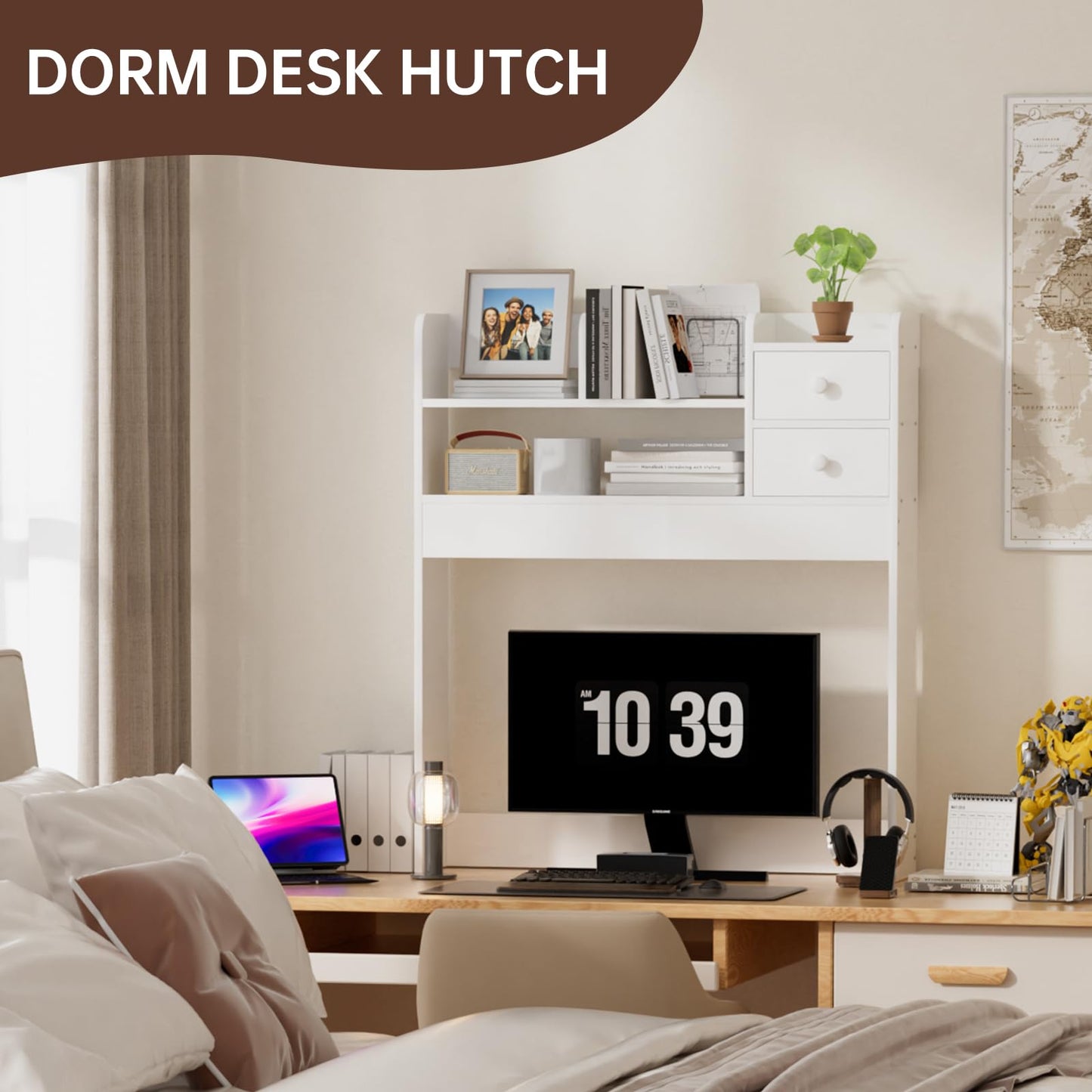 YGYQZ 2 Tier Desktop Bookshelf, Countertop Storage Hutch for Computer Desk, Desk Organizer Shelf with Vertical Storage, Multi-Functional Wood Desk Hutch for Home Office & Dorm, White