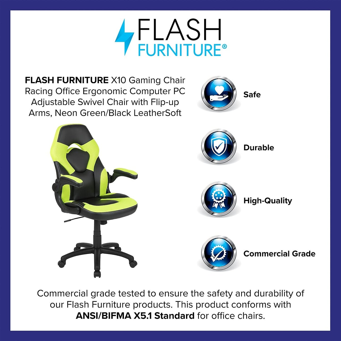 Flash Furniture X10 Gaming Chair Racing Office Ergonomic Computer PC Adjustable Swivel Chair with Flip-up Arms, Neon Green/Black LeatherSoft