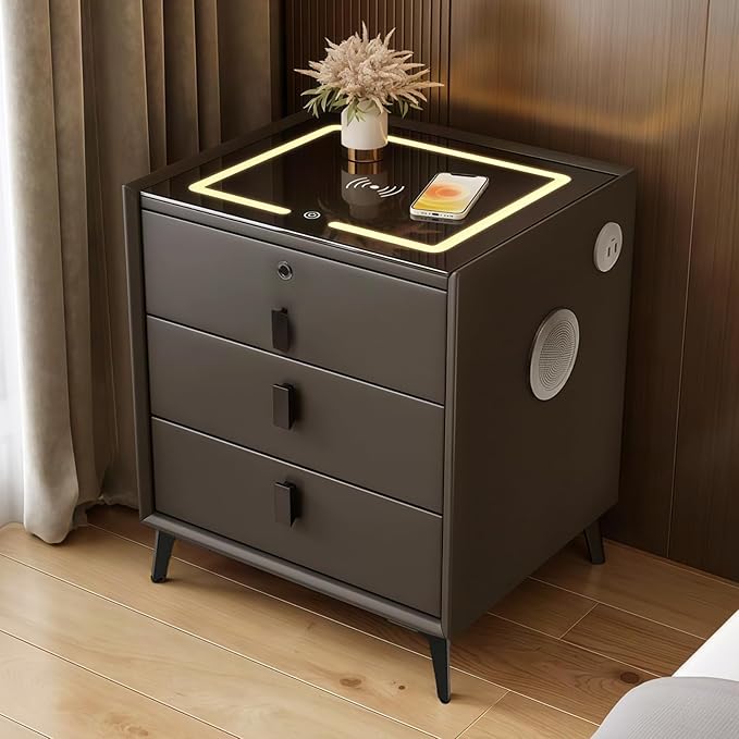 Smart Nightstand with Charging Station, Adjustable LED, USB Ports, Fingerprint