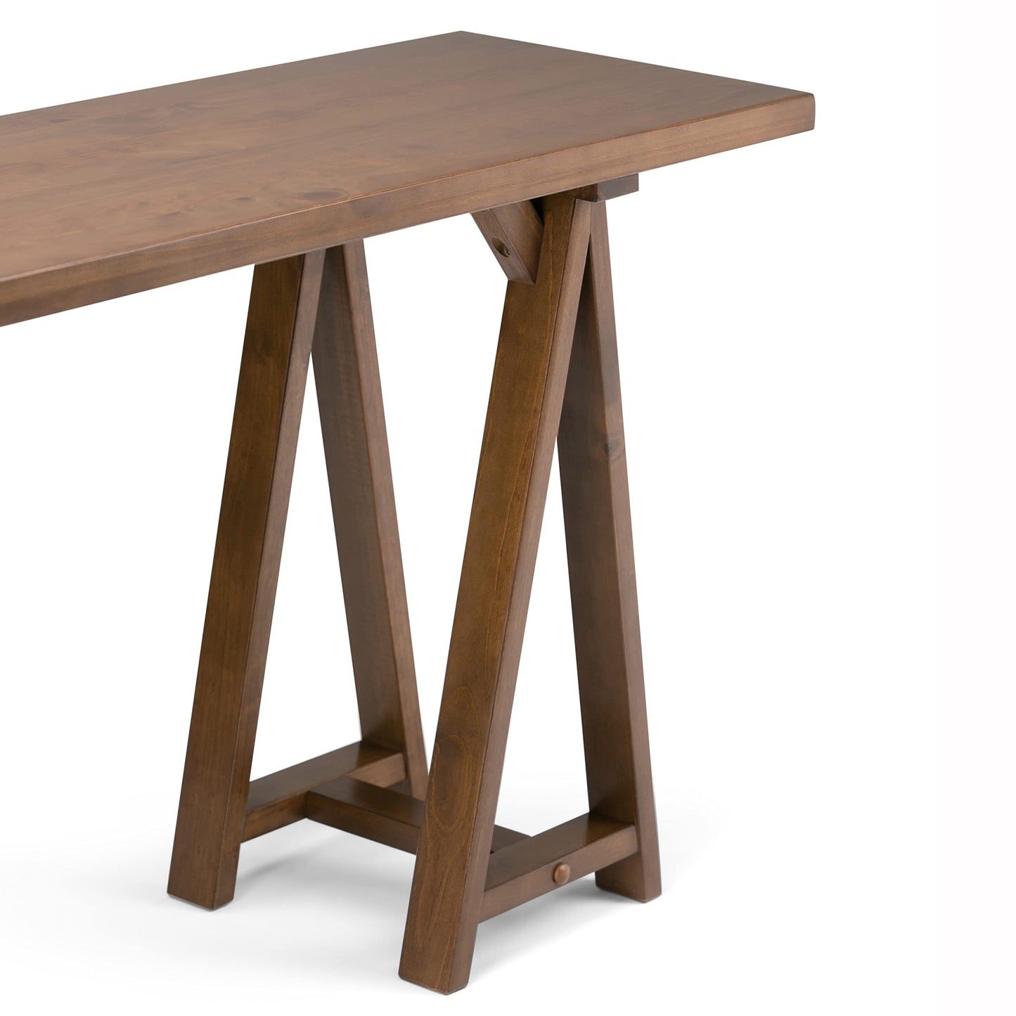 SIMPLIHOME Sawhorse Console Table - 50 Inch Wide Solid Wood Sofa Table in Medium Saddle Brown, Modern Industrial Entryway Table for Living Room with Extra Thick Top and Sawhorse Legs