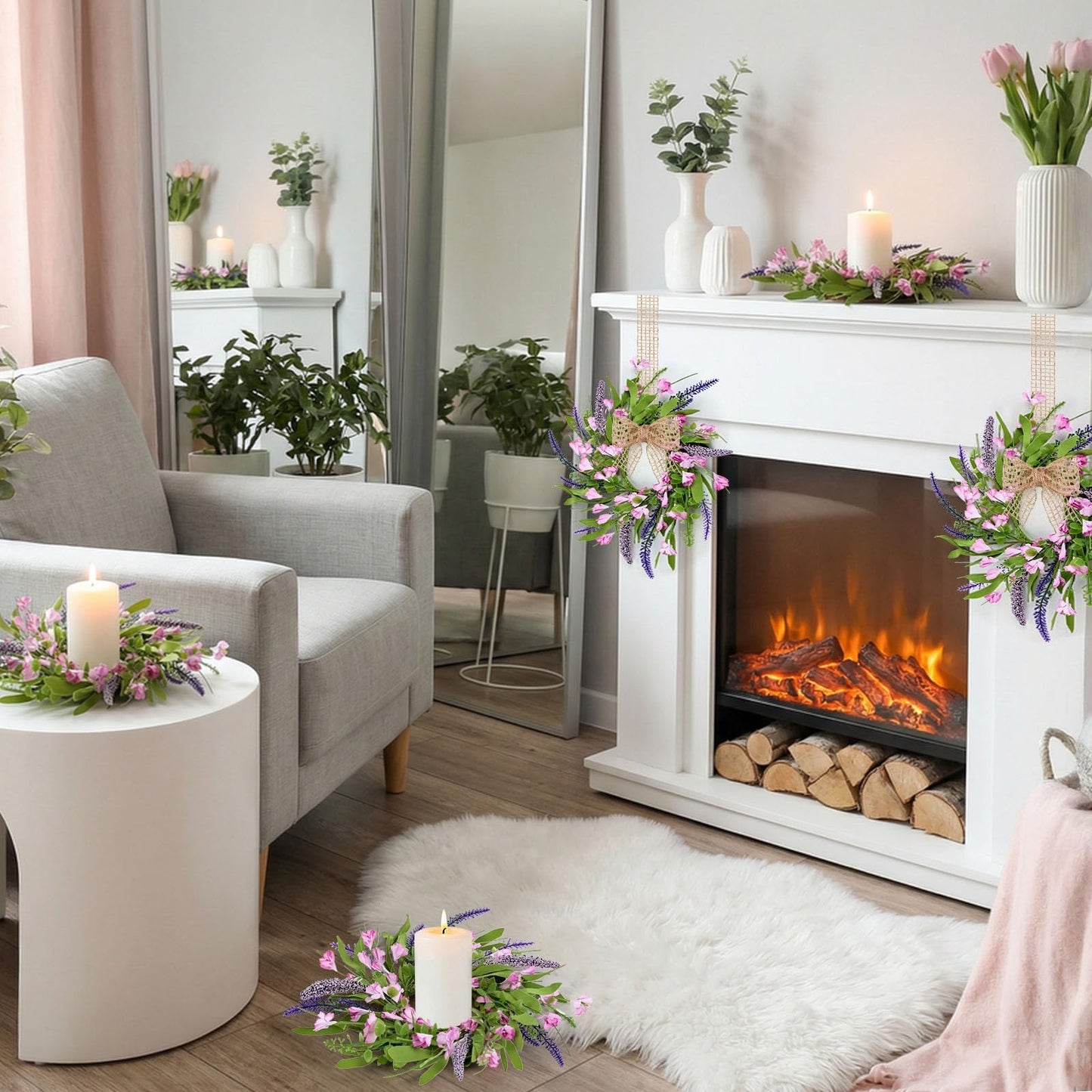 4 PCS Spring Summer Artificial Flowered Wreath Candle Rings Forsythia Lavender Candle Rings Pillar Holder Wreath Mini Floral Candle Rings Wreaths Kitchen Cabinet Swags for Wedding Home Tabletop Decor