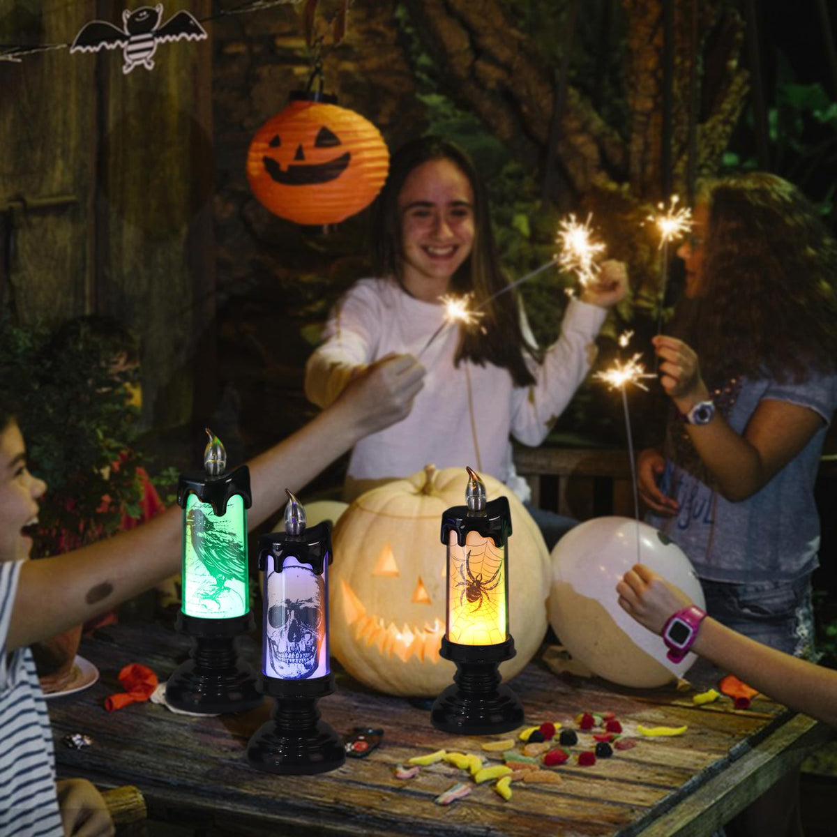 Eldnacele Halloween Flameless Candle Lamp Battery Operated with Remote and Timer, Spooky Horror Skull Crow Spider Decals LED Candle Lights Indoor Home Decor Candles Set of 3, 2.8" D x 7.8" H