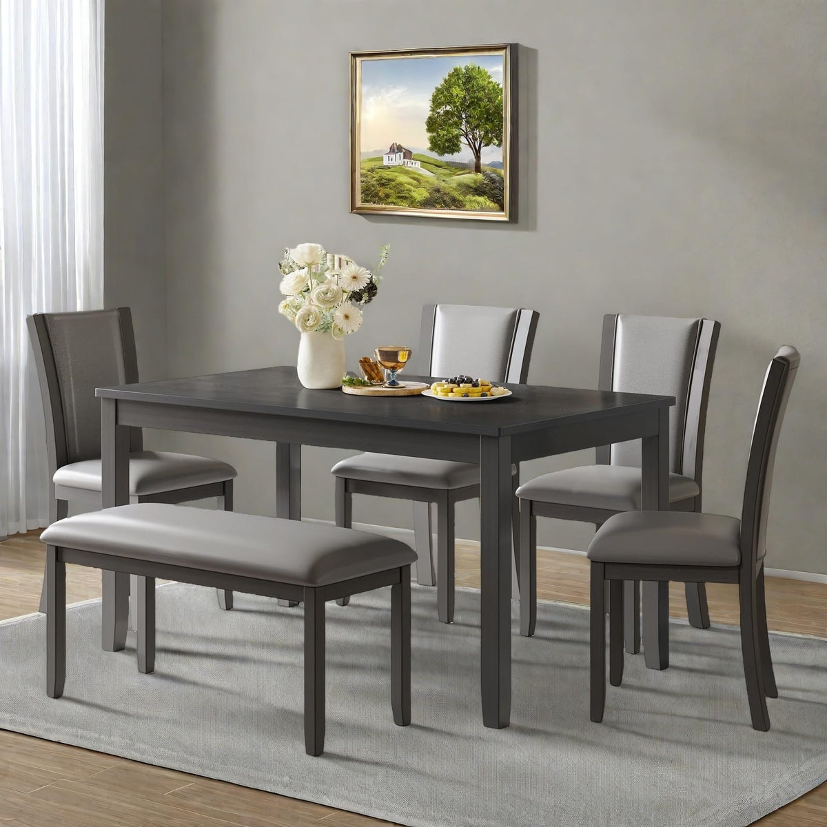 Trygoal Dining Table Set for 6, Farmhouse 6 Piece Dining Room Table Set with Rectangular Table, 4 Upholstered Backrest Chairs and Bench, Counter Height Kitchen Sets with Warm Woodgrain Finish, Gray