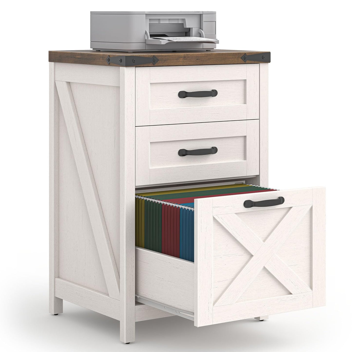 Halitaa 3 Drawer Small File Cabinet, Farmhouse Vertical Filing Cabinet Fits Letter and A4 Size, Under Desk Wooden File Cabinets for Home Office, Printer Stand, Rustic White