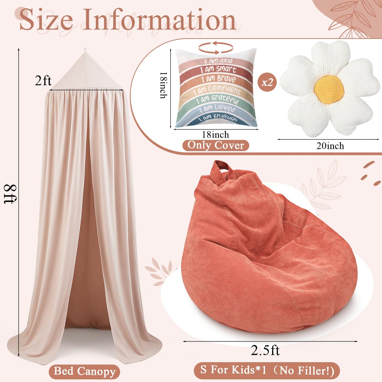 Hillsuren 5 Pcs Kids Reading Corner Set Reading Nook Bean Bag Chair Cover with Canopy Tent, Throw Pillow Cover (No Filler) and Flower Pillow for Bedroom Playroom Nursery Corner Decoration(Beige)