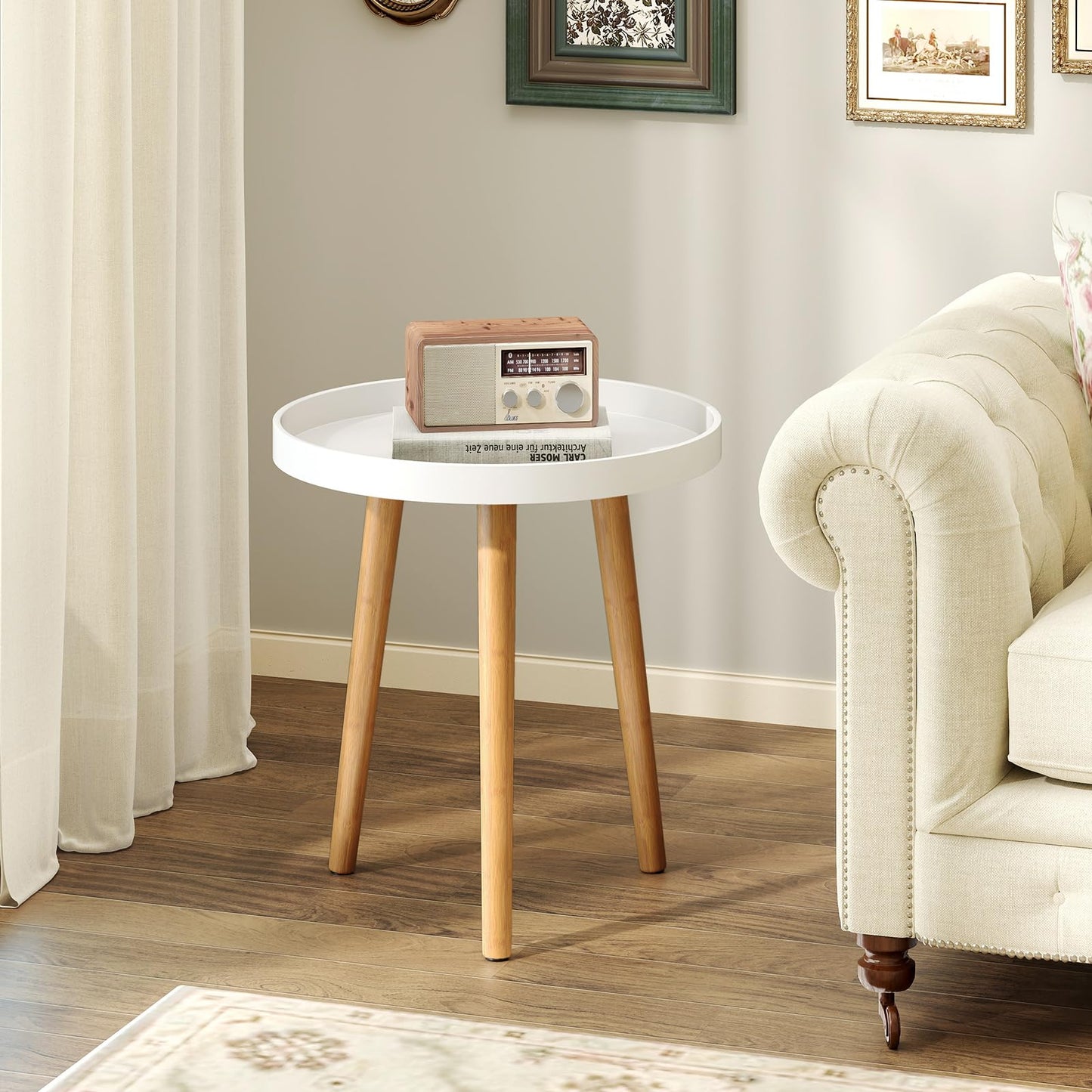 Giantex Round Side Table, End Table with Wooden Tray, Sturdy Tripod Stand & Premium Metal Connectors, Round Sofa Side Table for Living Room, Office, Bedroom Nightstand, White (1)