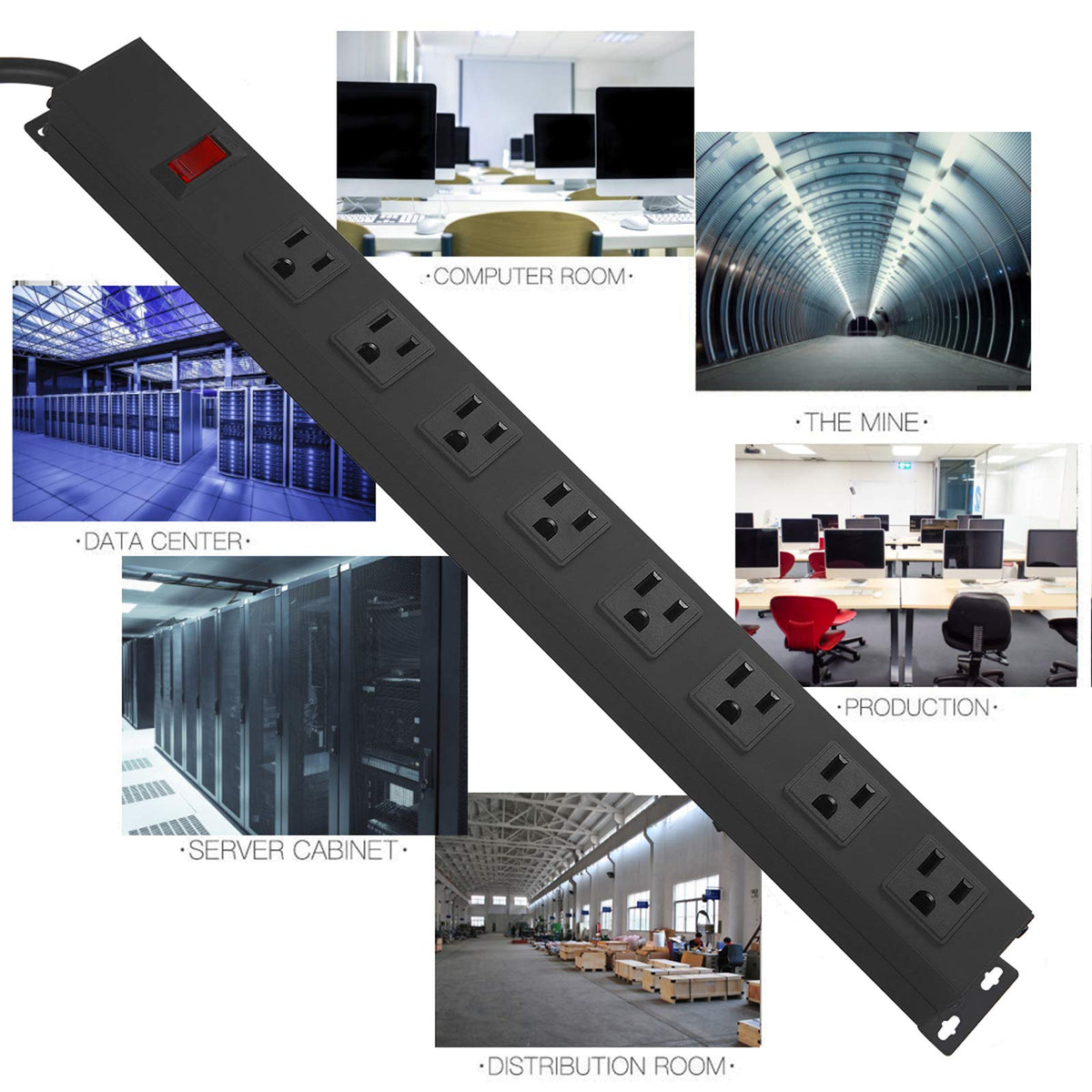 HHSOET Metal 8 Outlet Mountable Power Strip, Wall Mount Outlet Heavy Duty, Wide Spaced Commercial Shop Power Strip with Switch, 15A 125V 1875W, 6 FT SJT 14AWG Power Cord.(Black)