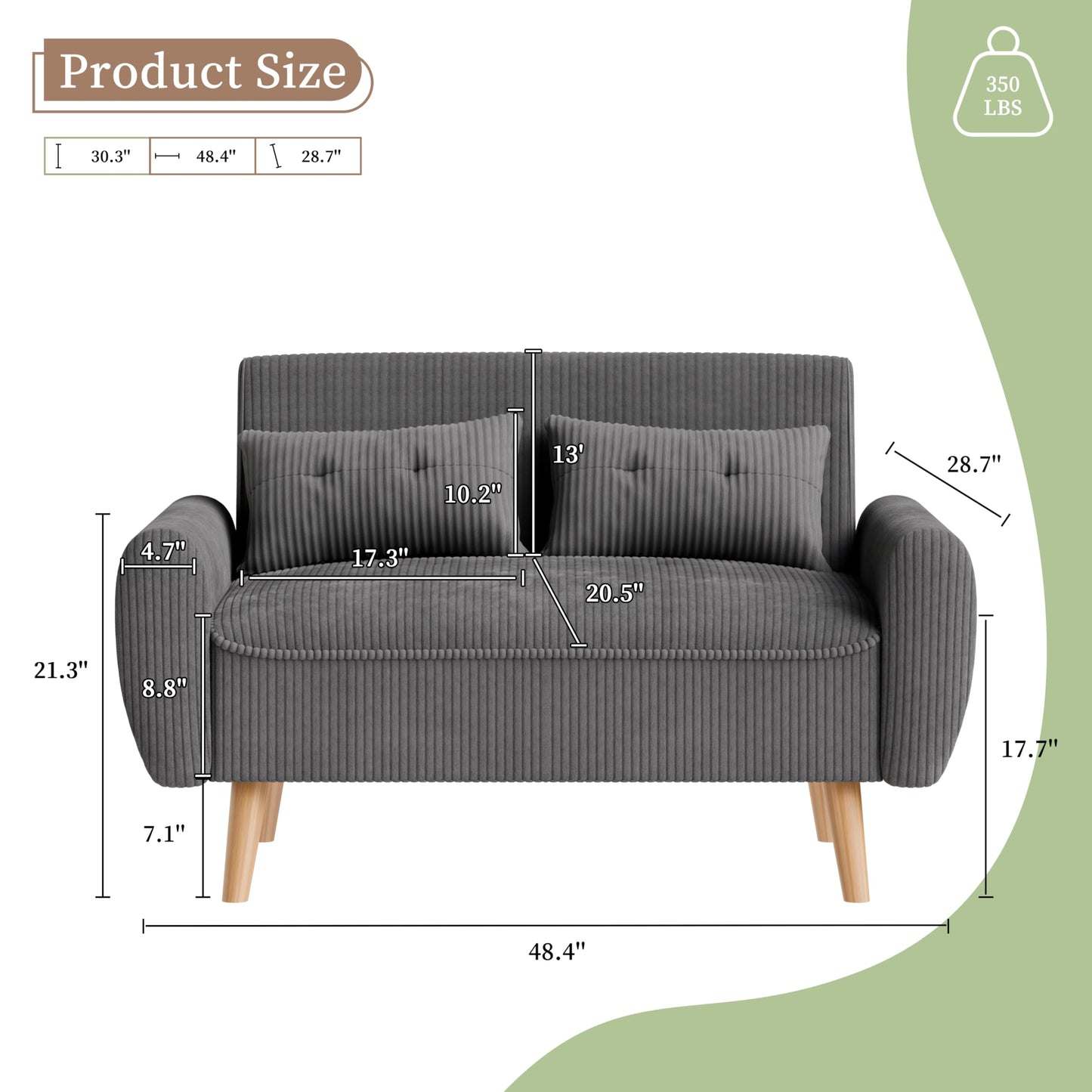 Vongrasig 48" Small Modern Loveseat Sofa, Mid Century Soft Corduroy Fabric 2-Seat Sofa Couch Tufted Love Seat with Back Cushions and Tapered Legs for Living Room, Bedroom and Small Space (Dark Gray)