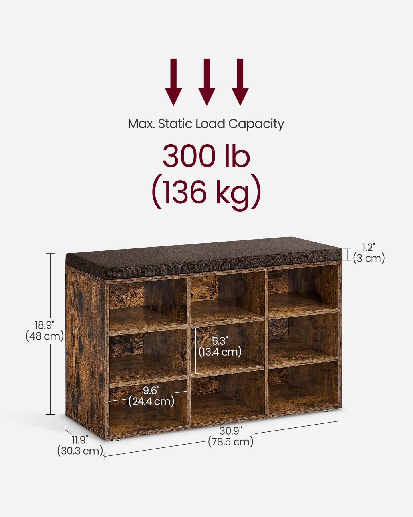 VASAGLE CUSTOS Collection - Shoe Bench, Storage Bench with Padded Seat, Entryway Bench with 9 Compartments, for Bedroom, 11.9 x 30.9 x 18.9 Inches, Rustic Brown and Chestnut Brown ULHS009B01