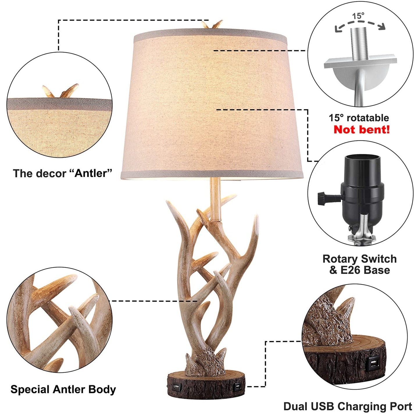 Dungoo Rustic Western Table Lamp Set of 2, 26" Farmhouse Bedside Lamp for Bedroom with 2 USB Ports, Natural Antler Table Lamp for Living Room Foyer Study Office (Rustic)