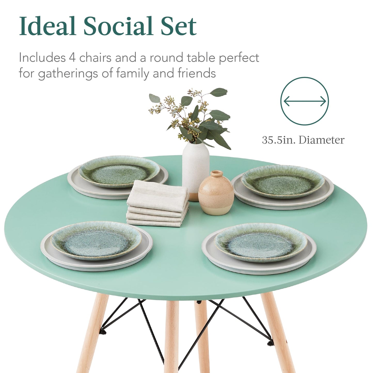 Best Choice Products 5-Piece Dining Set, Compact Mid-Century Modern Table & Chair Set for Home, Apartment w/ 4 Chairs, Plastic Seats, Wooden Legs, Metal Frame - Light Green/Oak