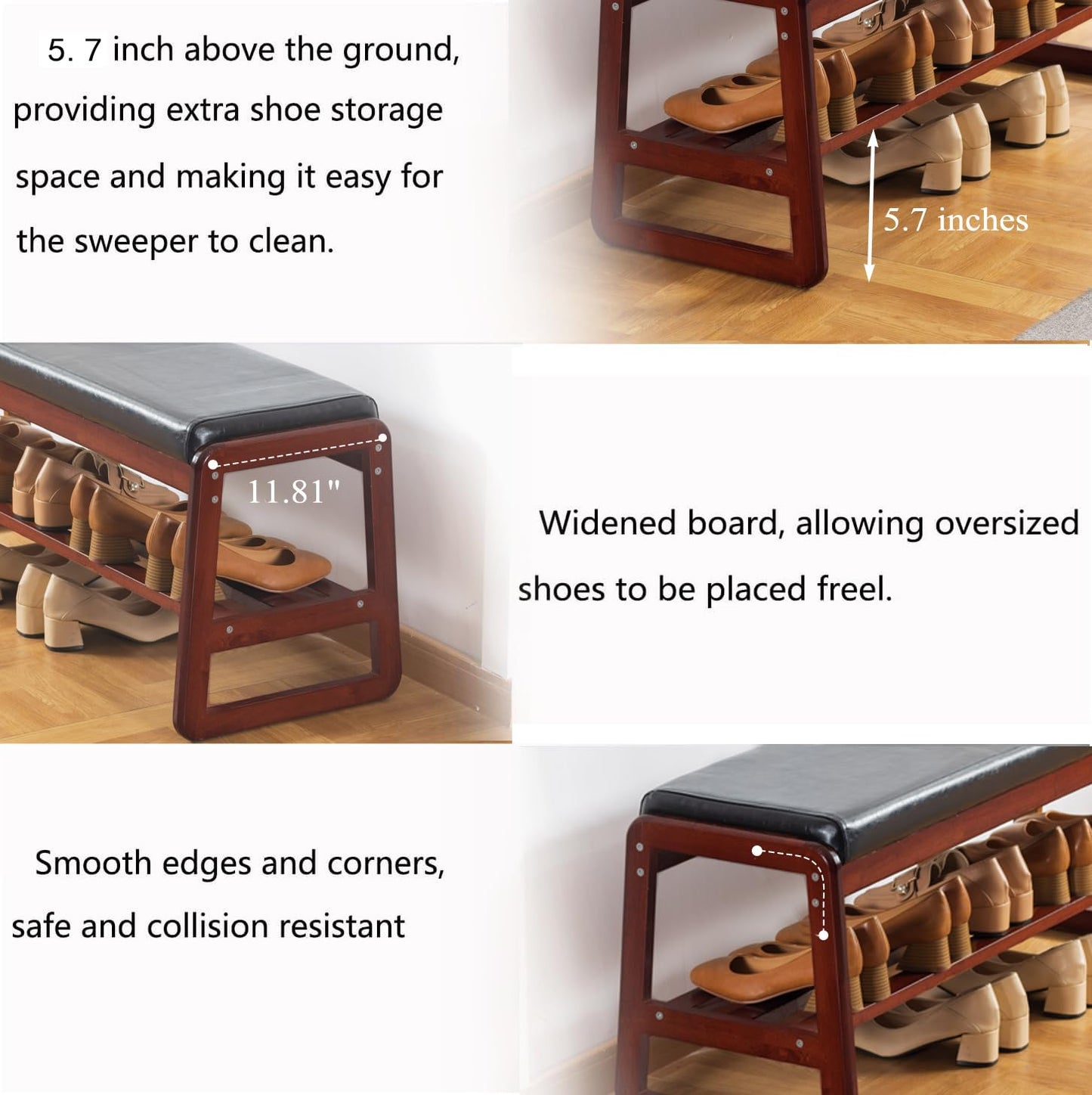 SOBIBO Solid Wood Shoe Bench, 2-Tier Wooden Entryway Bench, Modern Shoe Rack with Cushion for Hallway, Living Room (Black, 31.5'')