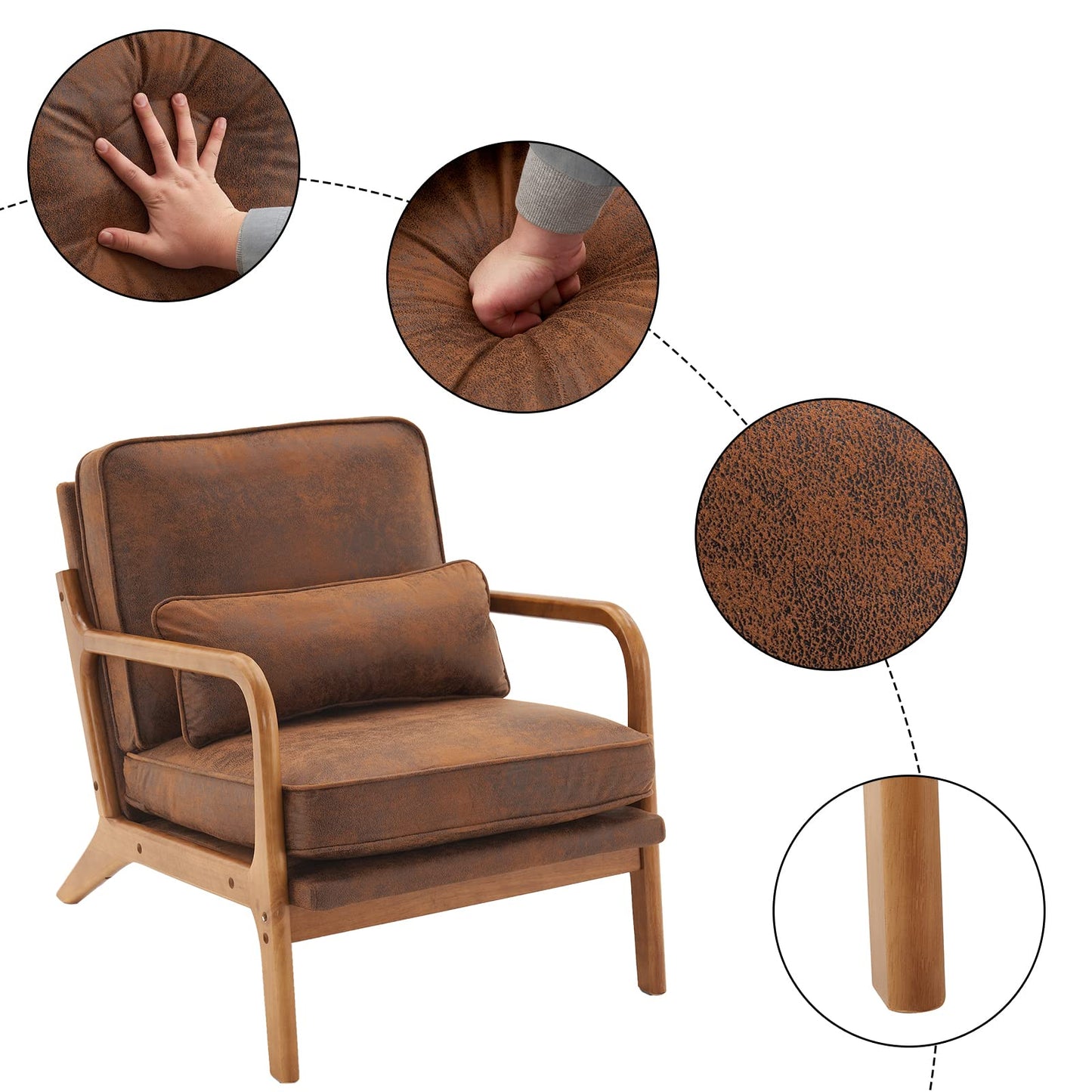 Karl home Accent Chair Mid-Century Modern Chair with Pillow Bronzing Cloth Upholstered Lounge Arm Chair with Solid Wood Frame & Soft Cushion for Living Room, Bedroom, Balcony, Brown