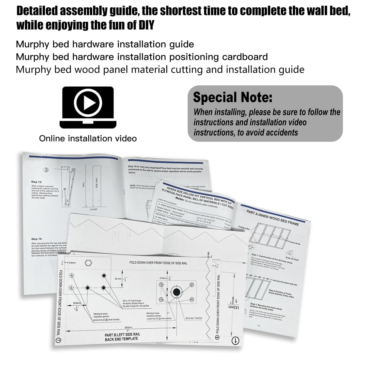 ROOMTEC Queen Murphy Bed Hardware Kit, Folding Wall Bed Kit,Horizontal,Easy to Install,Saving Space