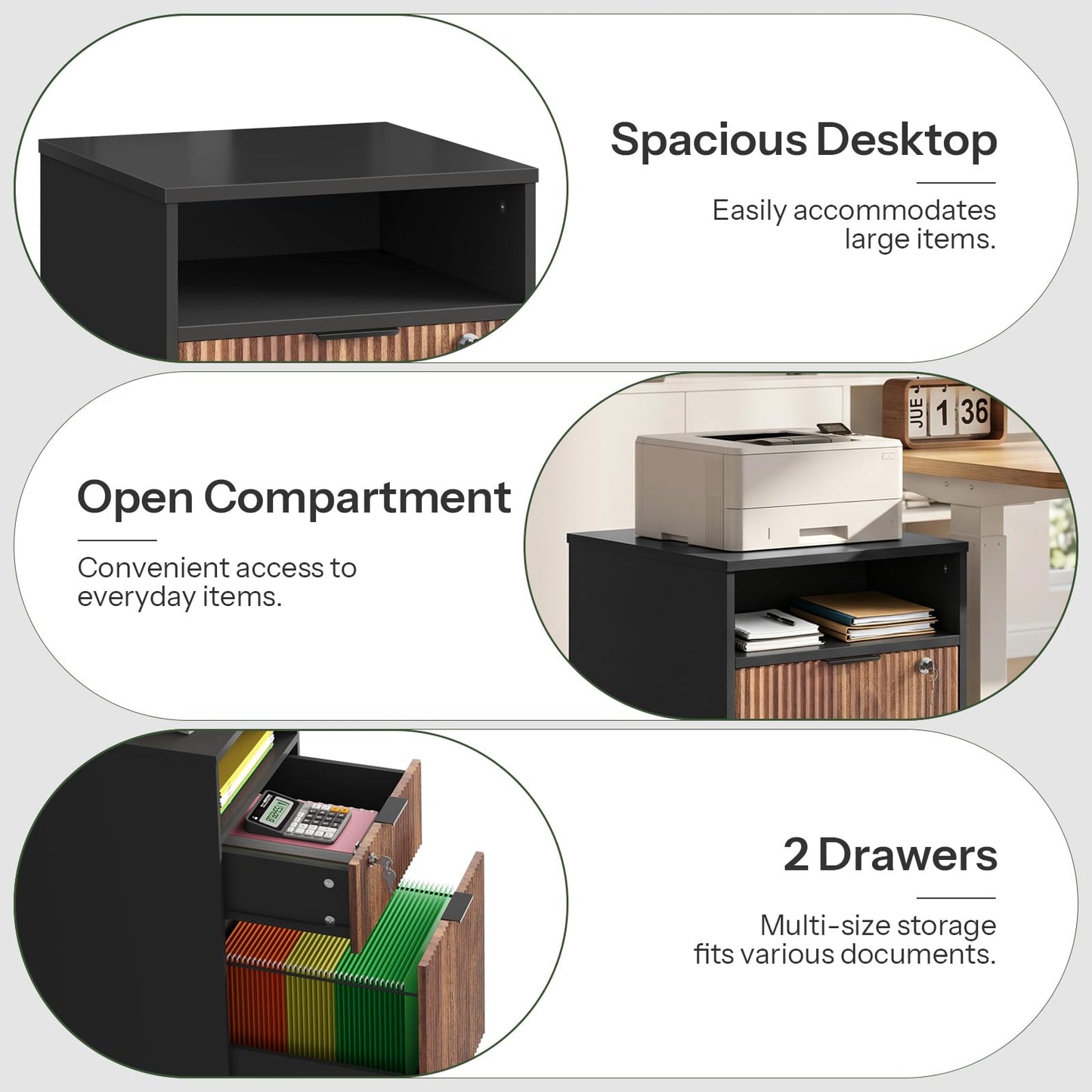 CHOEZON File Cabinet, Fluted File Storage Cabinet with Lockable Drawer, Rolling Storage Cabinet on Wheels, Under-Desk Storage, Printer Stand, for Office and Study, Black and Dark Walnut MWJ07BL