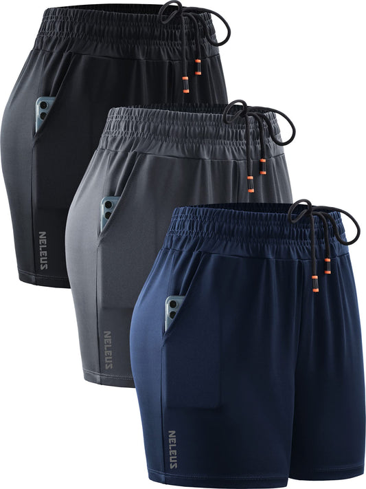 NELEUS Women's 4 Inches Running Shorts Workout Athletic Short for Yoga with Pocket,9066,Black/Grey/Navy Blue,3 Pack,Large