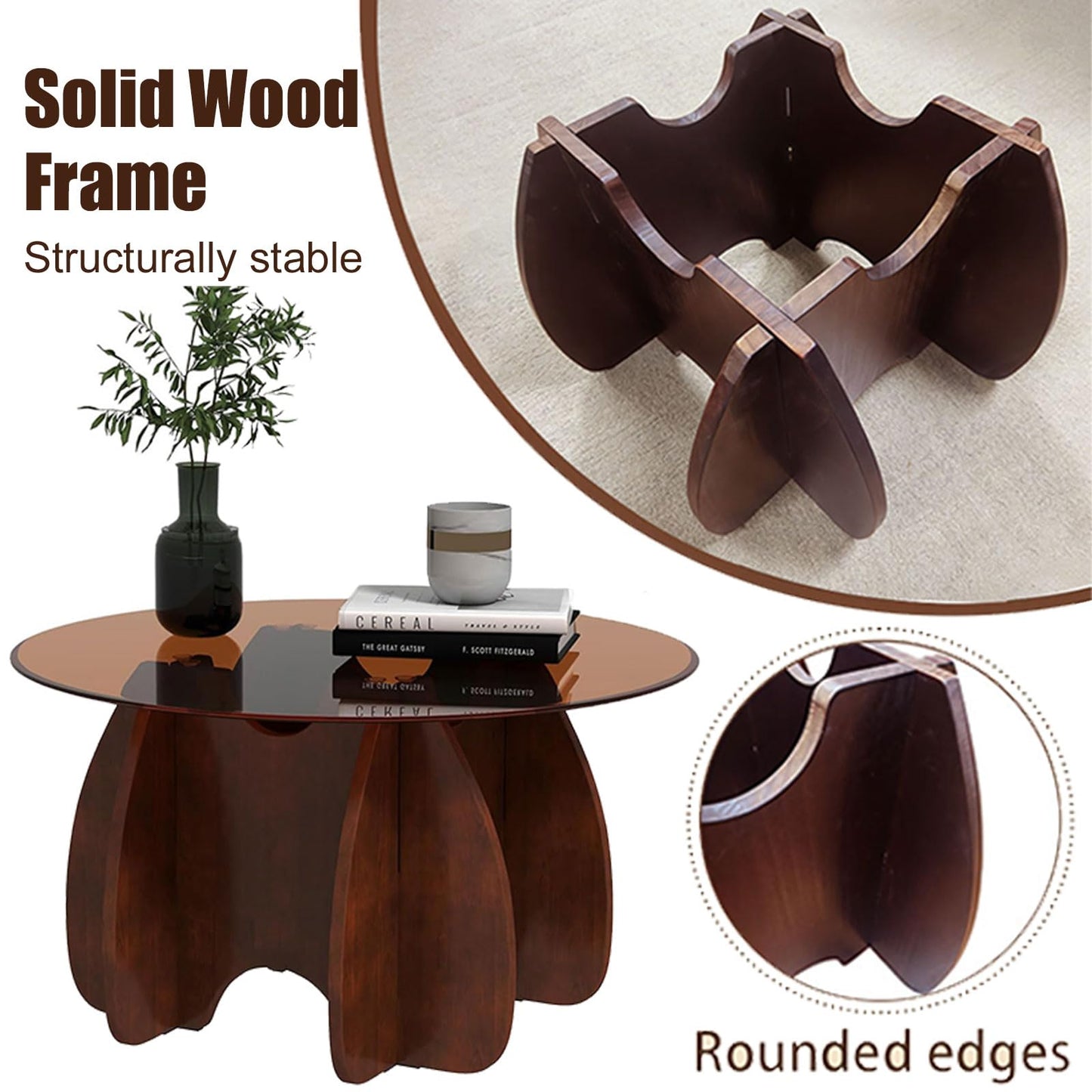 RUBAPOSM Round Glass Coffee Table - 30 Inch Diameter Brown Tempered Top with Walnut Solid Wood Legs - Modern Mid Century Center Trestle for Living Room Small Spaces and Minimalist Home Decor Furniture