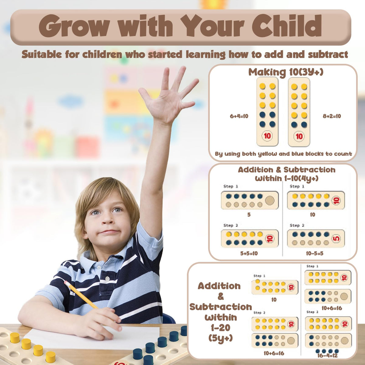 TEUVO Counting Peg Board Montessori Toys for Kids Aged 3 4 5 6 Years Old, Montessori Math Manipulatives Materials Wooden Preschool Learning Number and Counting Games for Home School Classroom Teaching