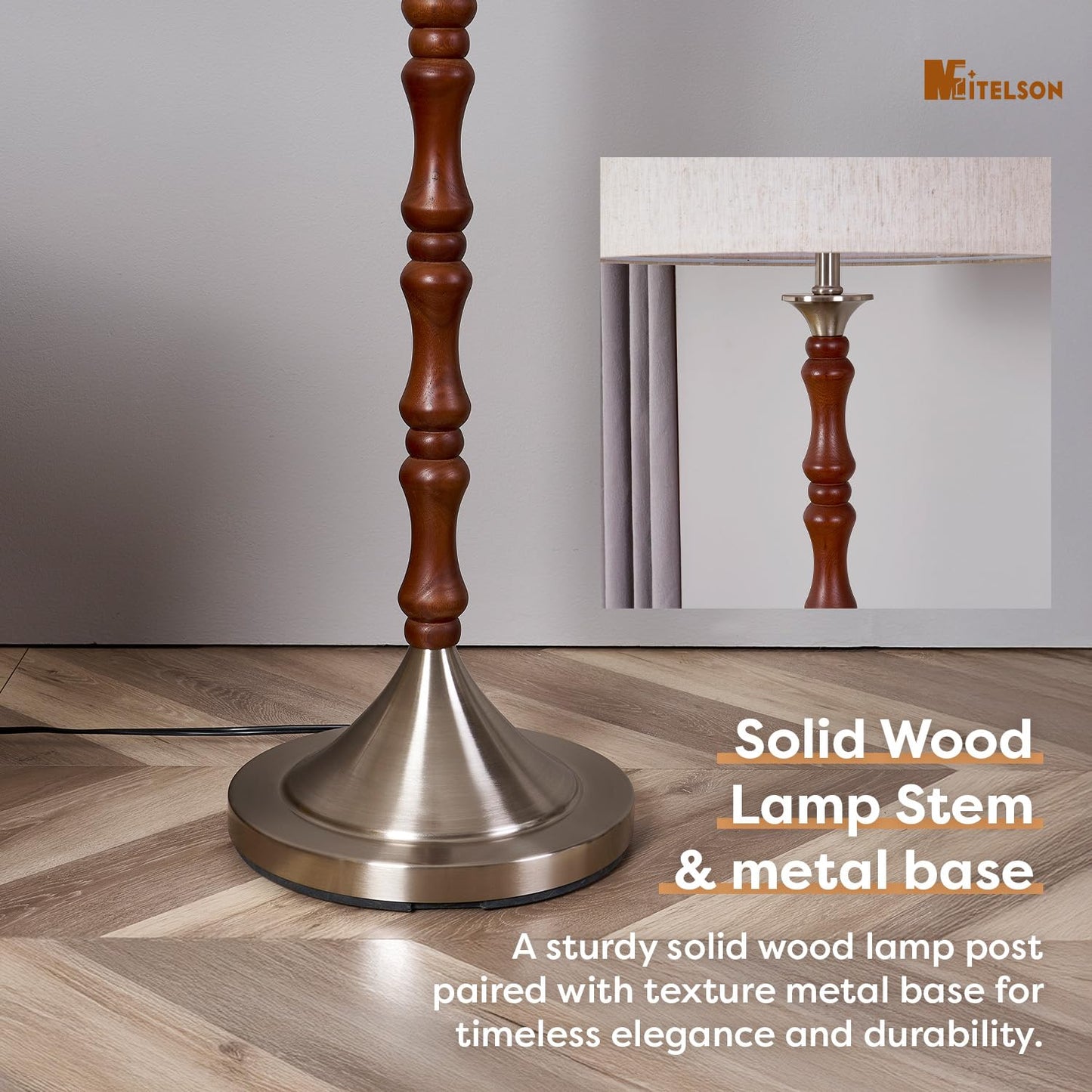 MITELSON Mid Century Floor Lamp with Linen Drum Shade - Dimmable Tall Standing Lamp, Rustic Wooden Retro Lamp for Living Room Bedroom Office Corner, Walnut Brown, Adjustable Stepless Dimming