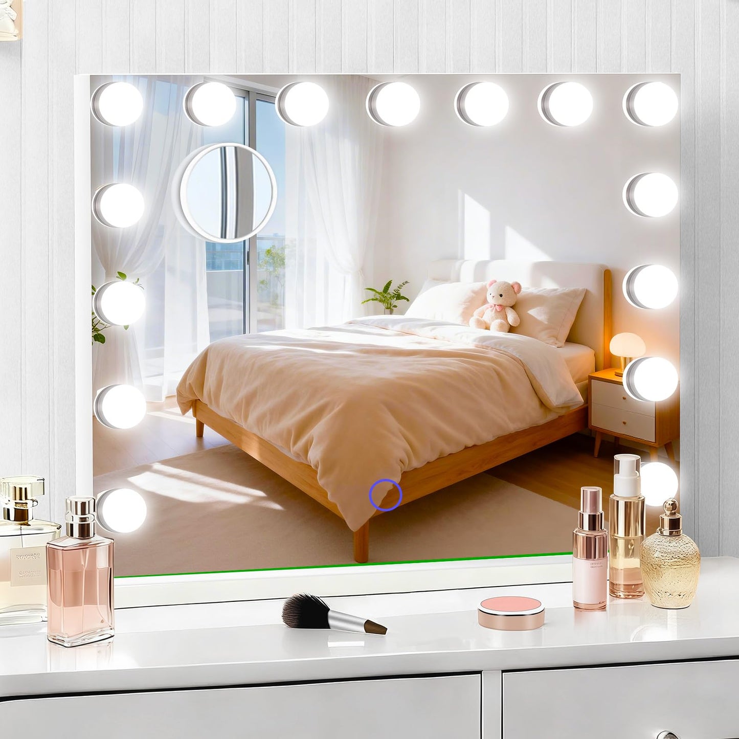 Amifiy Hollywood Vanity Mirror with Lights, 23" x 18" Lighted Makeup Mirror with 15 Led Bulbs, 3 Color Lights, 10x Magnification, Desk/Wall Mounted, Bedroom College Dorm Room Essentials